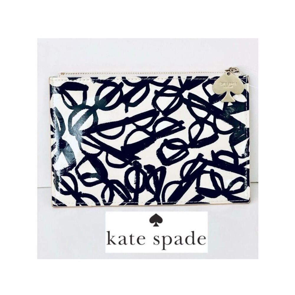 NWT Kate Spade Makeup Cosmetics Bag White OffโBlack Gold Logo Sunglasses Print